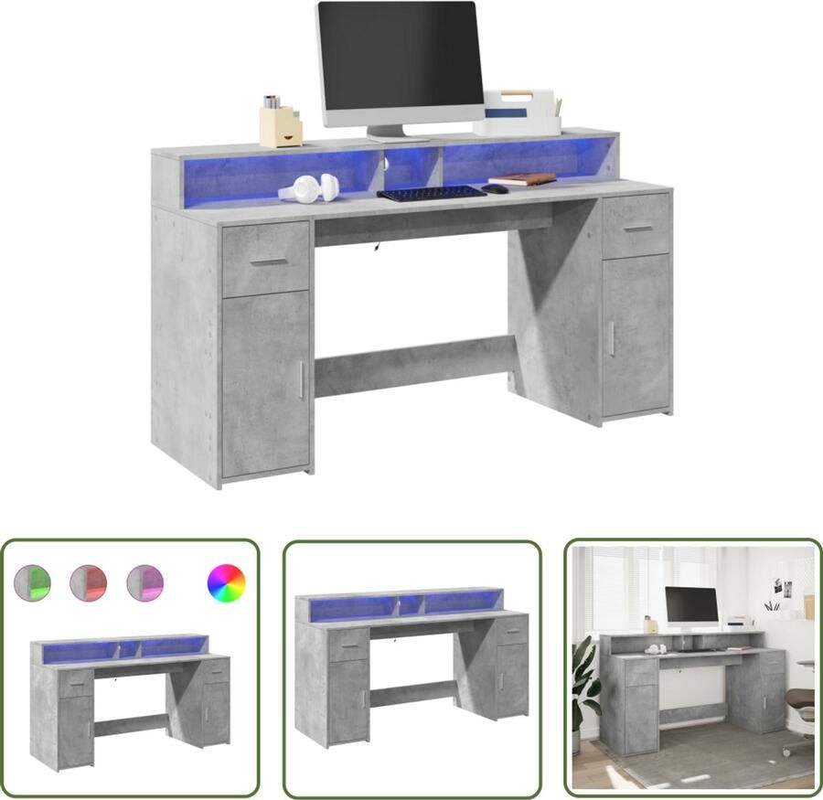 VidaXL Bureau met LED-verlichting 160x55x91 cm bewerkt hout betongrijs Bureau Houten Bureau Led Bureau Computer Bureau Gaming Bureau