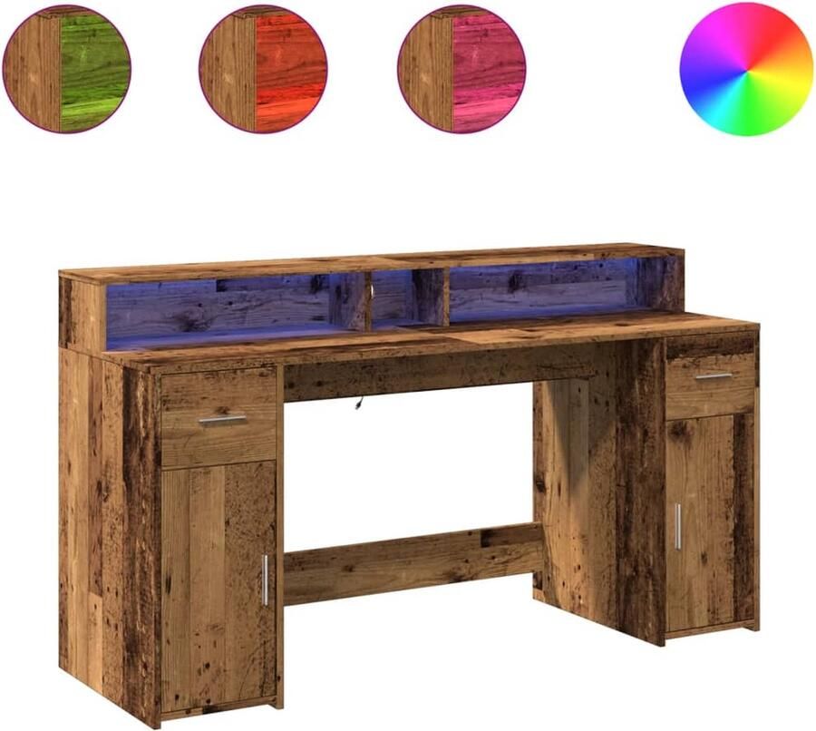 VidaXL Bureau met LED-verlichting 160x55x91 cm bewerkt hout oud hout