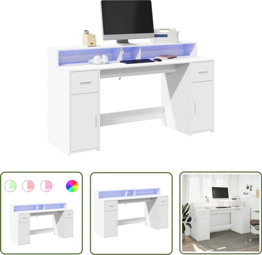 VidaXL Bureau met LED-verlichting 160x55x91 cm bewerkt hout wit Bureau Houten Bureau Led Bureau Computer Bureau Werkblad