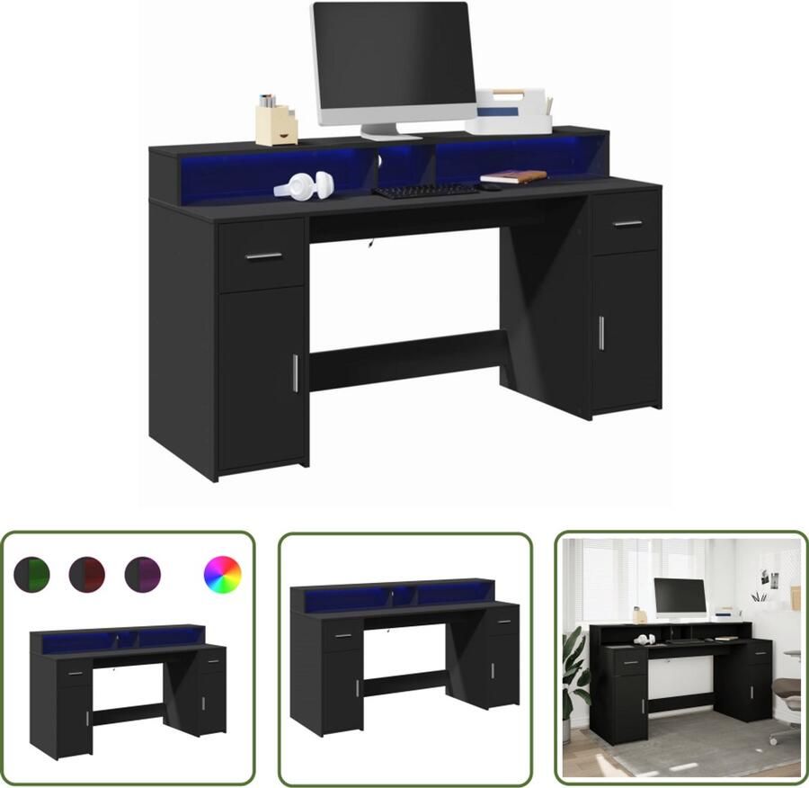 VidaXL Bureau met LED-verlichting 160x55x91 cm bewerkt hout zwart Bureau Houten Bureau Computer Bureau Gaming Bureau Led Bureau
