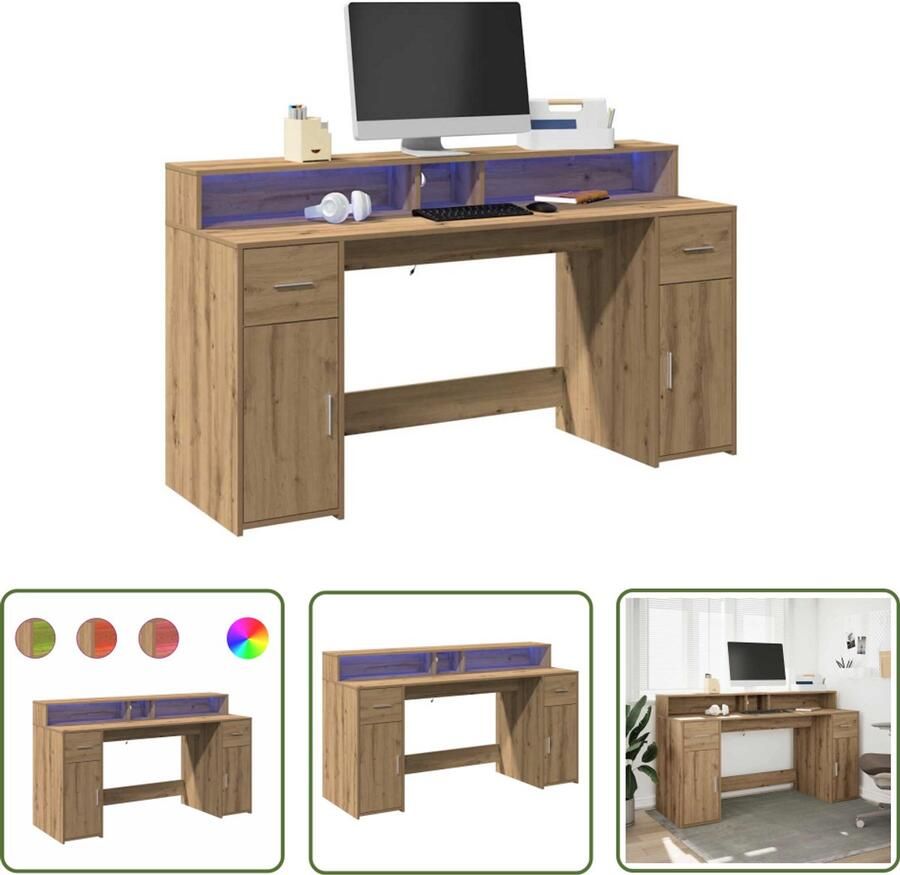 VidaXL Bureau met LED-verlichting 160x55x91 cm hout artisanaal eiken Dynammometer Sleutel Gereedschap Draper Tools Sleutelset Klikmechanisme