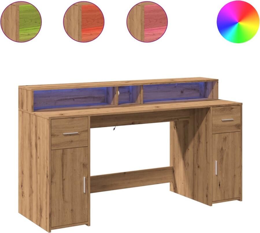 VidaXL Bureau met LED-verlichting 160x55x91 cm hout artisanaal eiken