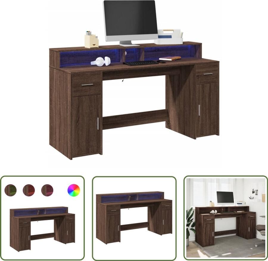 VidaXL Bureau met LED-verlichting 160x55x91 cm hout bruin eikenkleurig Bureau Houten Bureau Computer Bureau Gaming Bureau Led Bureau