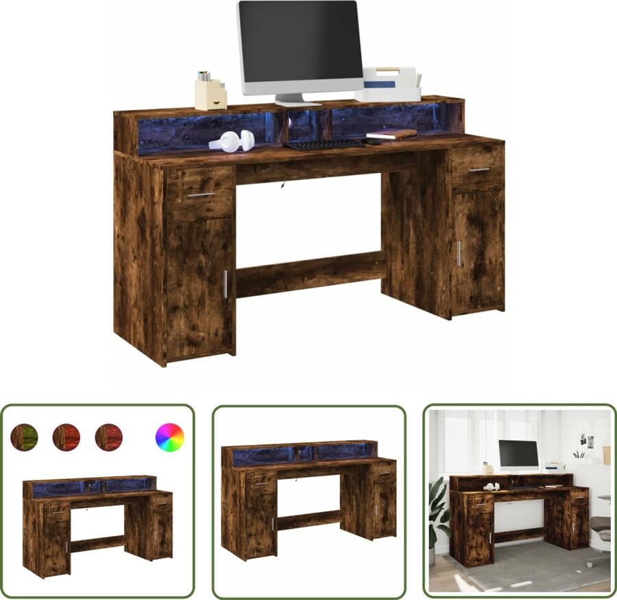 VidaXL Bureau met LED-verlichting 160x55x91 cm hout gerookt eikenkleur Dynamische Sleutel Gereedschapset Sleutels Mechanica Klikmechanisme