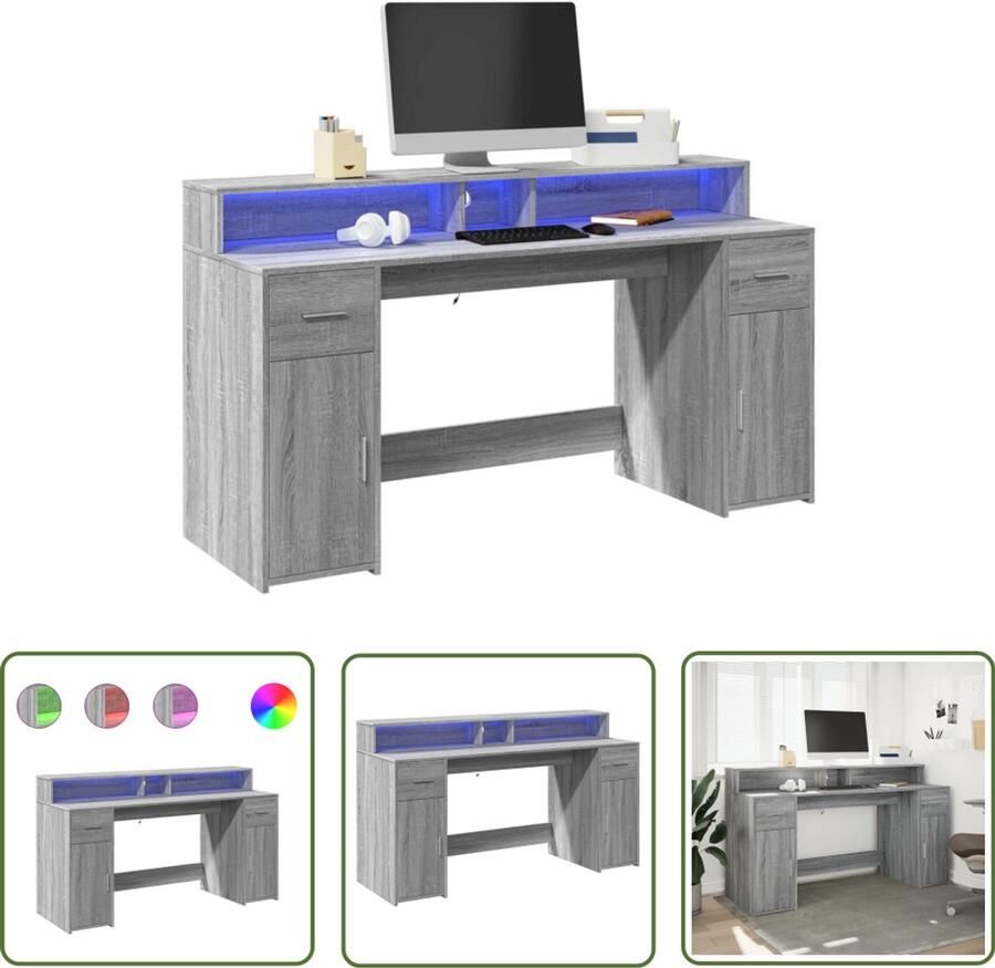 VidaXL Bureau met LED-verlichting 160x55x91 cm hout grijs sonoma eiken Dynamische Sleutel Gereedschap Klikmechanisme Torque Wrench Spanner Set