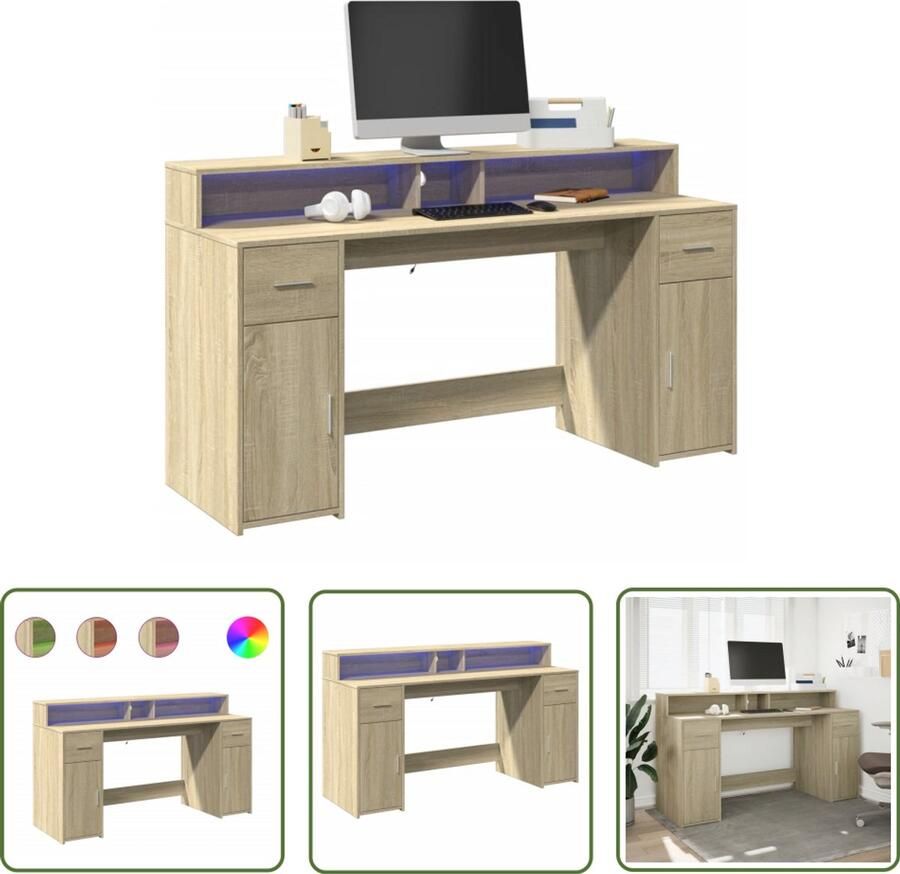 VidaXL Bureau met LED-verlichting 160x55x91 cm hout sonoma eikenkleur Bureau Houten Bureau Sonoma Eiken Kleur Led Verlichting Computer Bureau