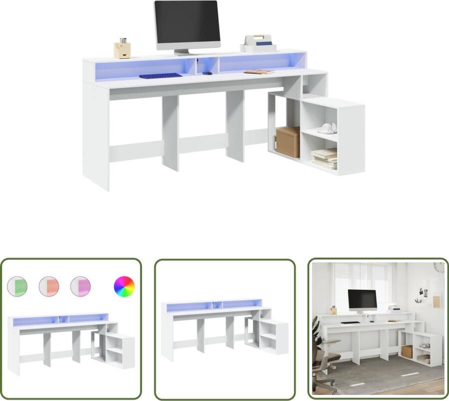 VidaXL Bureau met LED-verlichting 200x104x91 cm bewerkt hout wit Bureau Houten Bureau Led Bureau Computer Bureau Werkblad