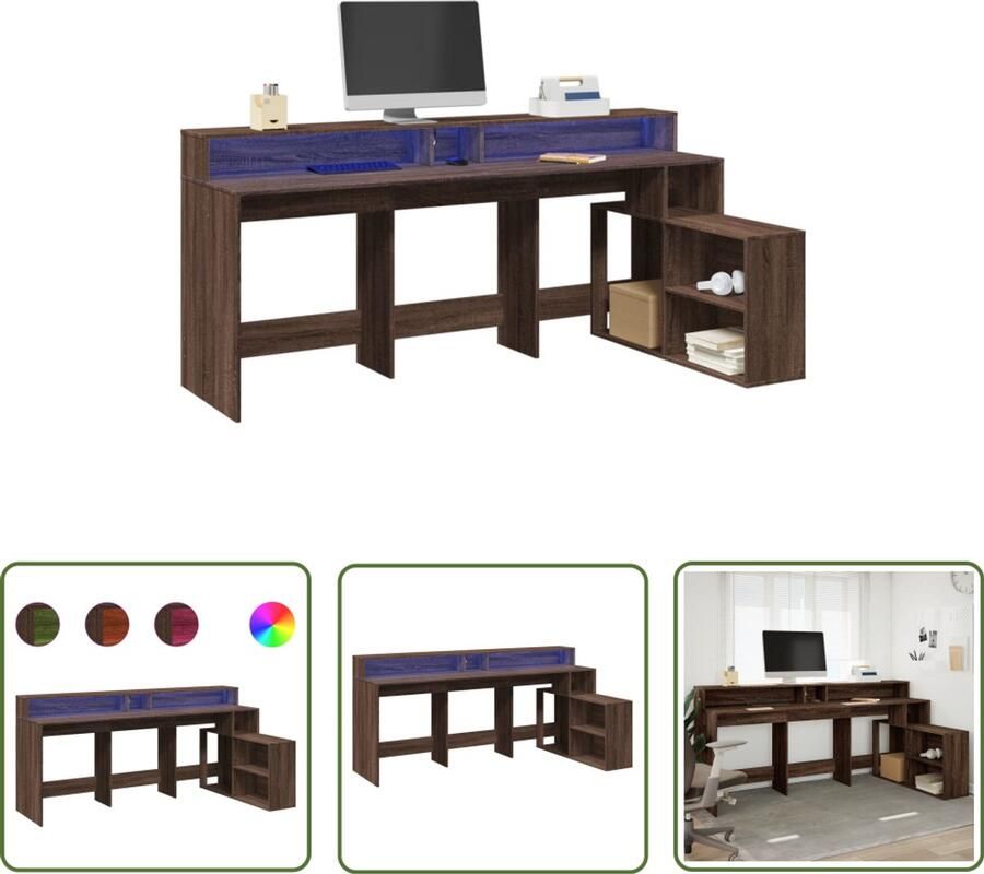 VidaXL Bureau met LED-verlichting 200x104x91 cm hout bruin eikenkleur Bureau Houten Bureau Led Bureau Computer Bureau Werkblad
