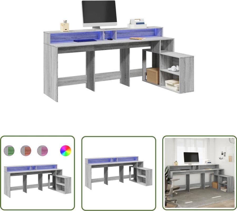 VidaXL Bureau met LED-verlichting 200x104x91 cm hout grijs sonoma Bureau Led Verlichting Houten Bureau Computer Bureau Gaming Bureau