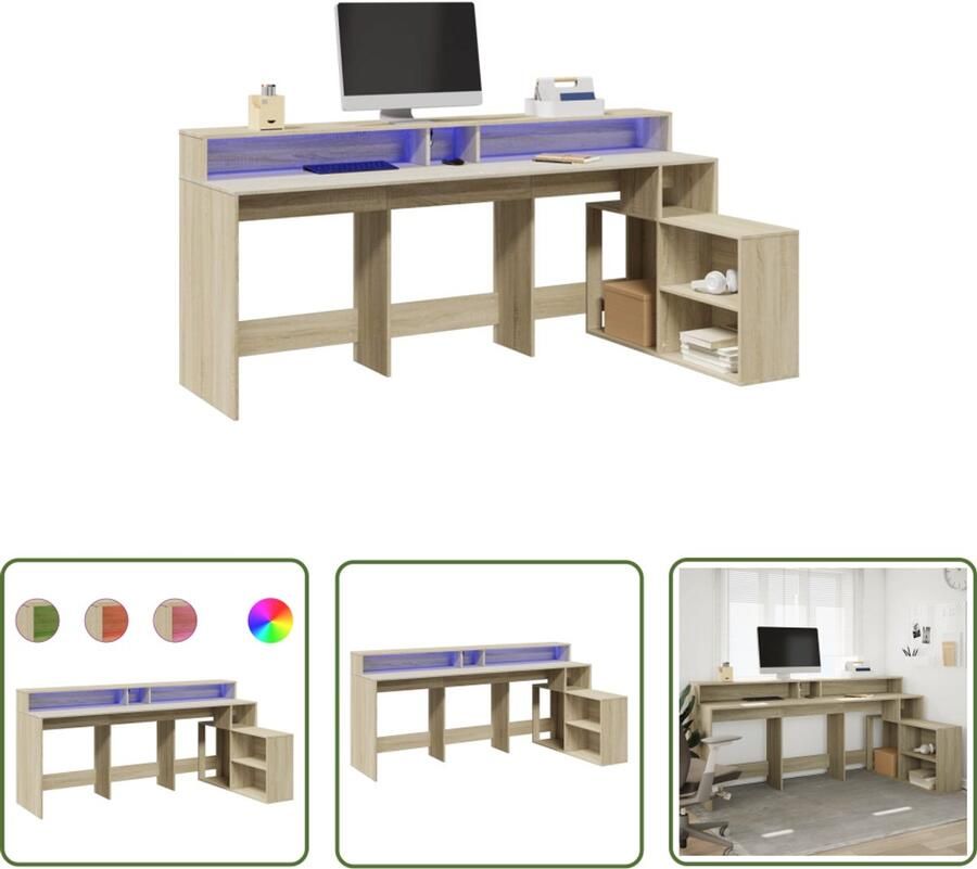 VidaXL Bureau met LED-verlichting 200x104x91 cm hout sonoma eikenkleur Bureau Werkstation Led Lamp Sonoma Eiken Houten Bureau
