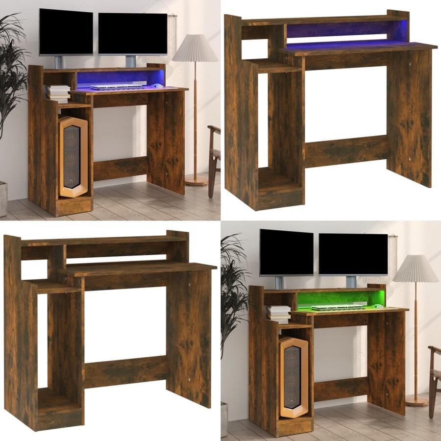 VidaXL Bureau met LED-verlichting 97x45x90 cm hout gerookt eikenkleur Bureau Bureaus Houten Bureau Computerbureau