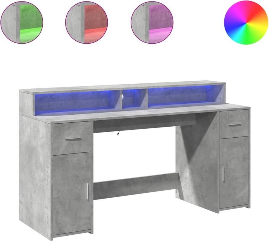 VidaXL Bureau met LED-verlichting 160x55x91 cm bewerkt hout betongrijs