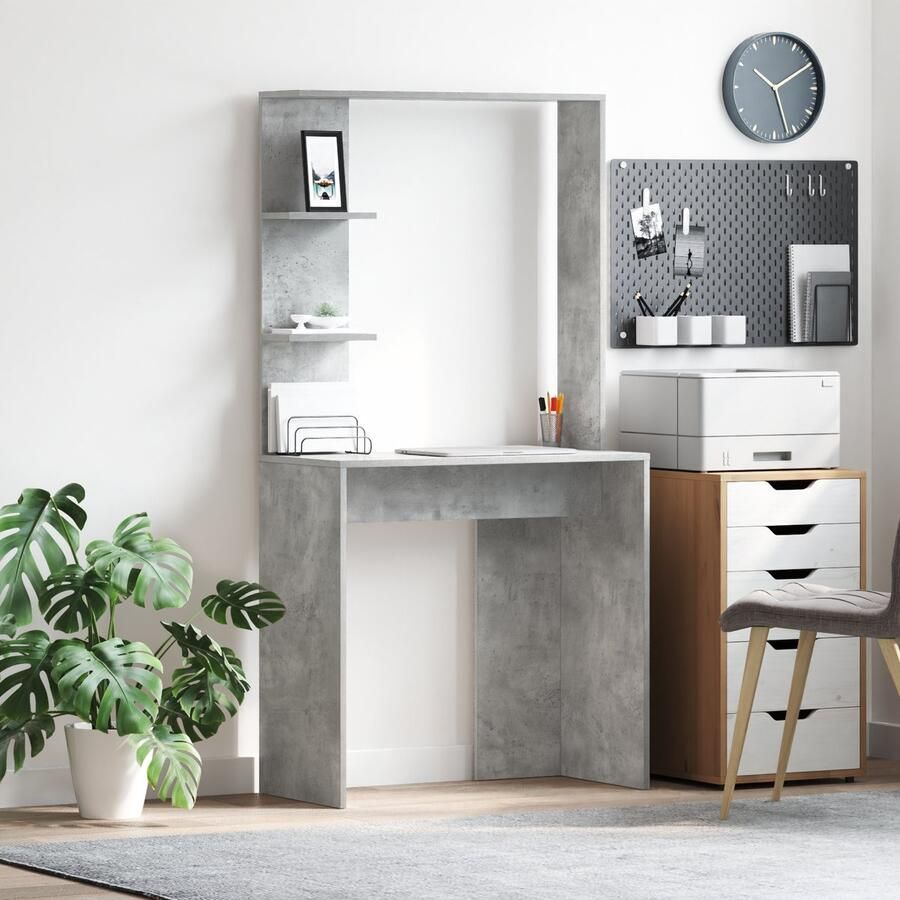 VidaXL Bureau met plank Betongrijs 78.5 x 37 x 154.5 cm Bewerkt hout