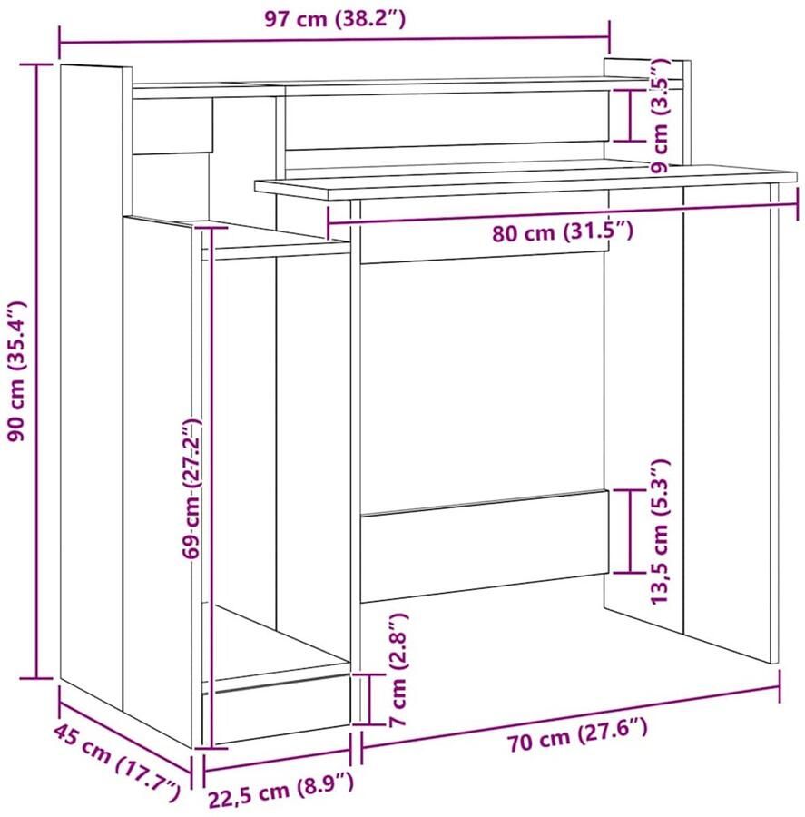 VidaXL Bureau met plank Zwart eiken 97 x 45 x 90 cm Bewerkt hout - Foto 2