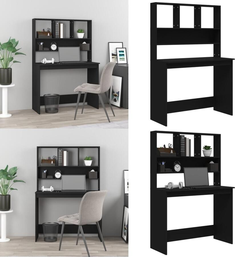 VidaXL Bureau met schappen 102x45x148 cm bewerkt hout zwart Bureau Bureaus Computerbureau Computertafel