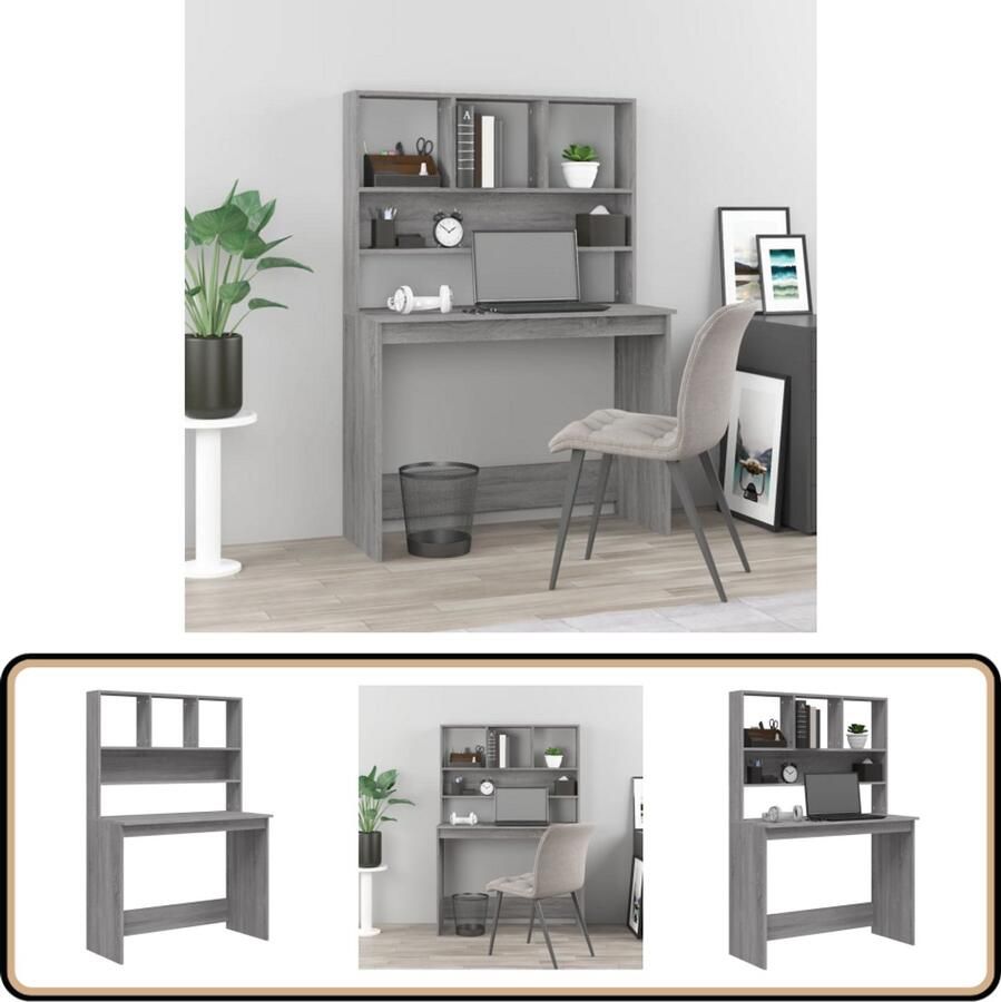VidaXL Bureau met Schappen 102x45x148 cm Grijs Eiken Kantoormeubilair Bureau Computerbureau Schrijfbureau Houten Bureau
