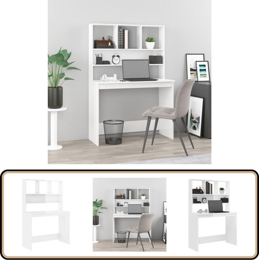 VidaXL Bureau met Schappen Hoogglans Wit 102x45x148 cm Kantoormeubilair Bureau Computerbureau Bureaublad Houten Bureau Witte Bureau Opslagoplossing Boekenplank