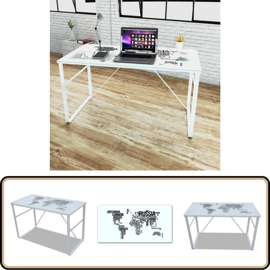 VidaXL Bureau met wereldkaart Glas en ijzer 120x60x75 cm Kantoormeubilair Bureau Werkkamer Thuiswerkplek Map Papier