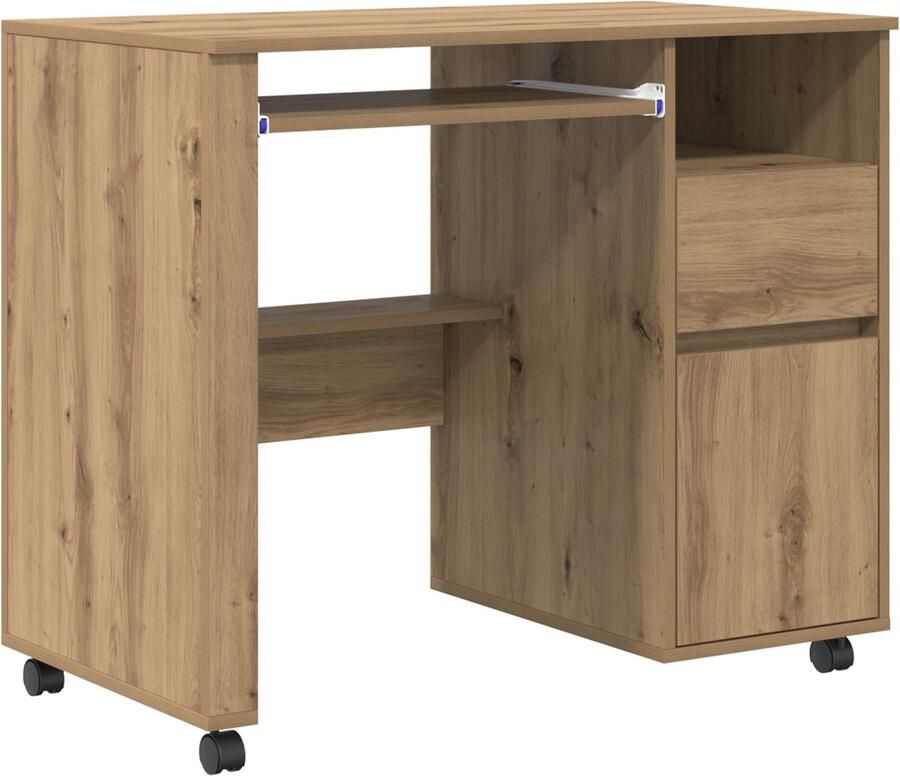 VidaXL Bureau met Wielen artisanaal eikenkleurig 91 x 50 x 77 cm