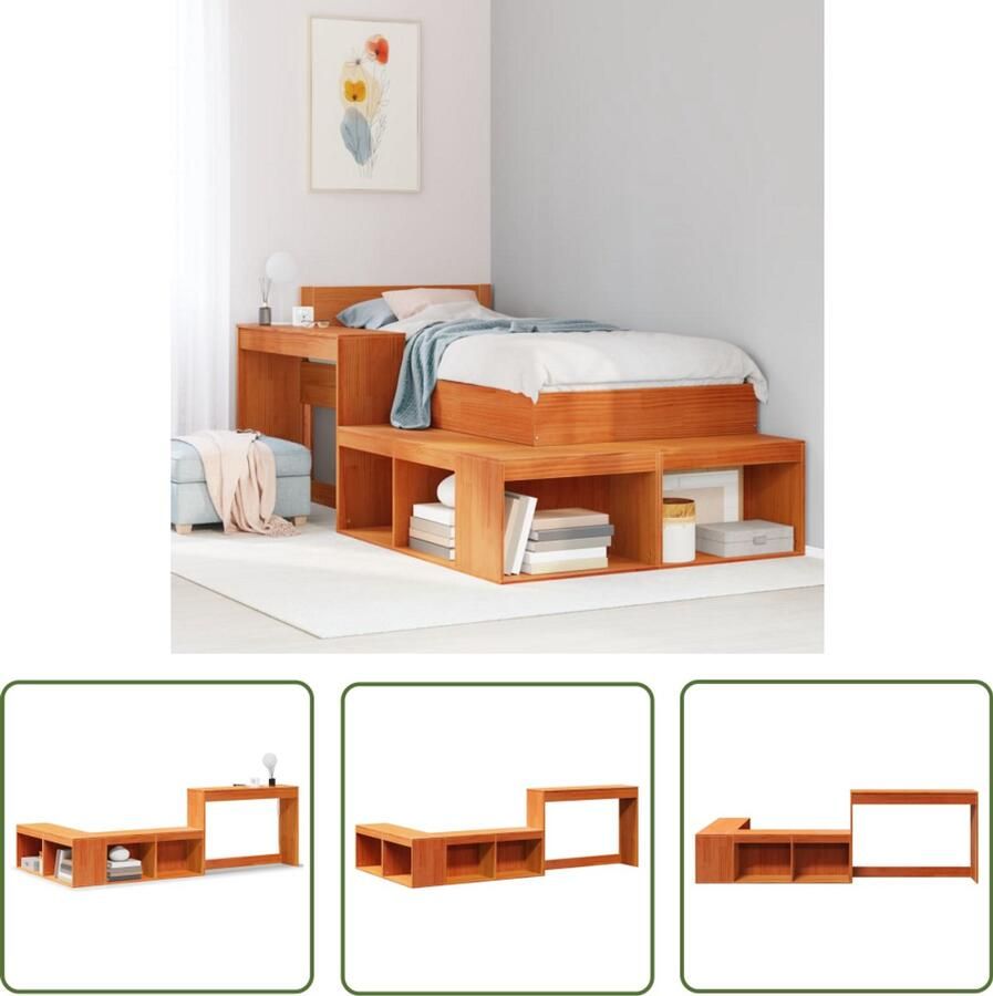 The Living Store Nachtkastje met bureau 232x112x75 cm grenenhout wasbruin Nachtkastje Bureau Slaapkamer Grenenhout Wasbruin