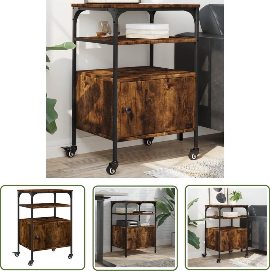 The Living Store Printerkastje 3-laags 50x40x76 cm bewerkt hout gerookt eiken Printerstandaard Printstation Bureauspullen Houten Tafel Laptop Stand