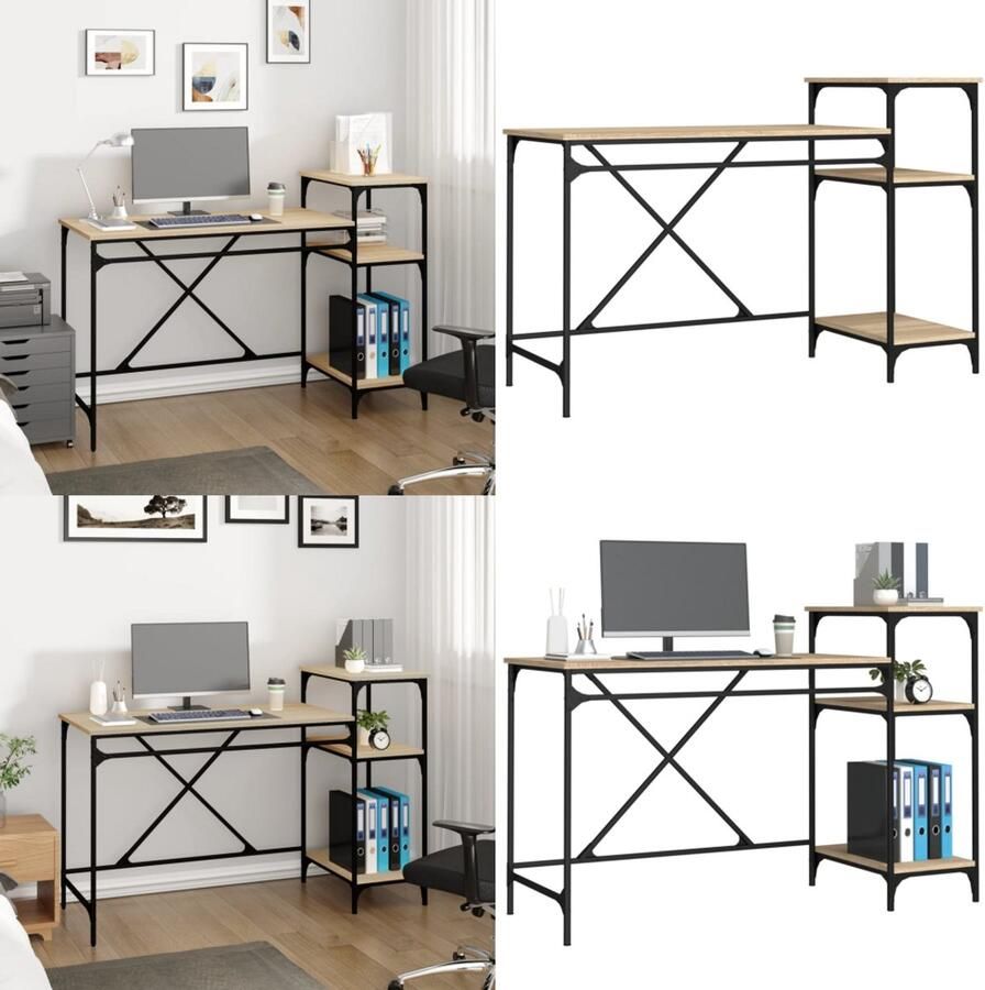 VidaXL Bureau schappen 135x50x90 bewerkt hout en ijzer sonoma eiken Bureau Bureaus Laptoptafel Computertafel