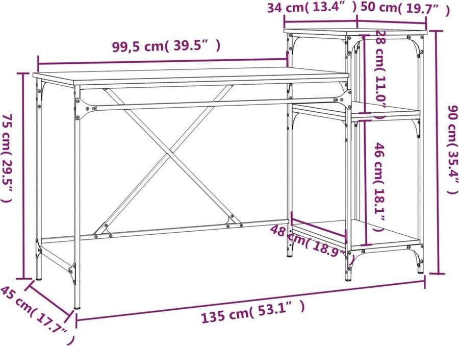 VidaXL -Bureau-schappen-135x50x90-bewerkt-hout-en-ijzer-sonoma-eiken - Foto 2