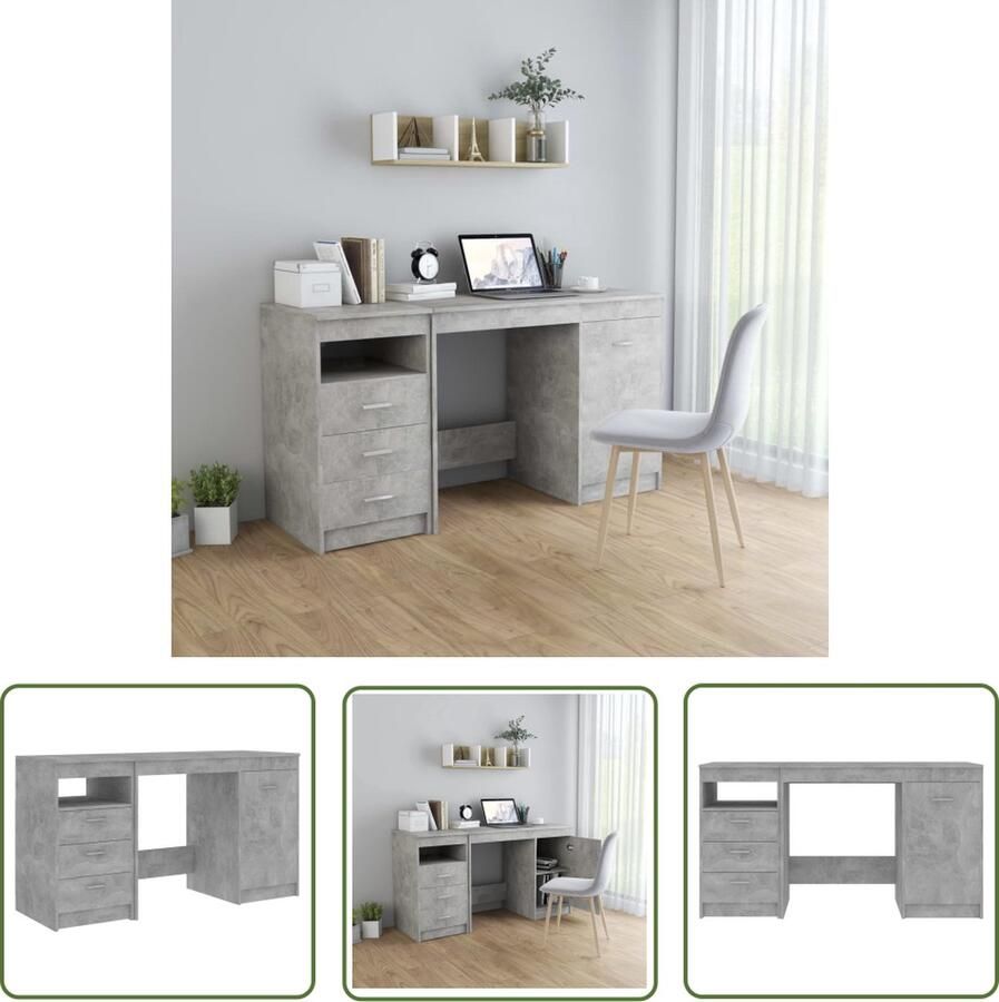 The Living Store Schrijftafel Betongrijs 140 x 50 x 76 cm 3 lades 1 vak met deur Schrijftafel Bureau Kantoor Thuiswerk Modern - Foto 2