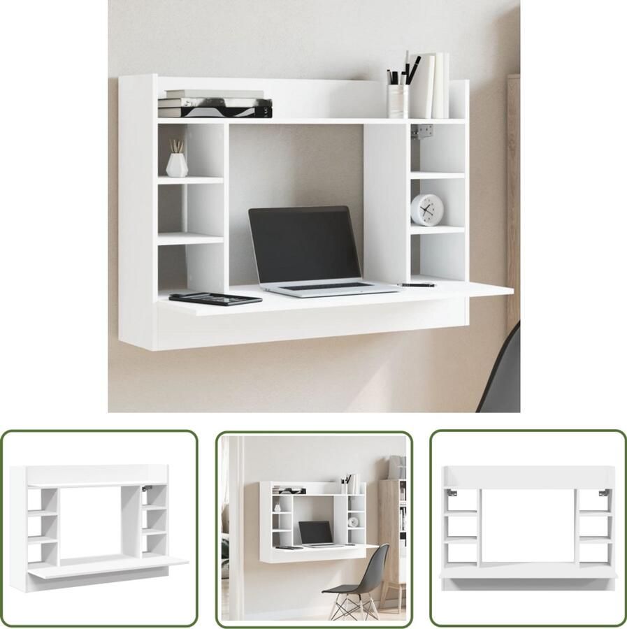 VidaXL Wandbureau 105x48x75 cm bewerkt hout wit Wandbureau Bureau Houten Bureau Wit Bureau Compact Bureau