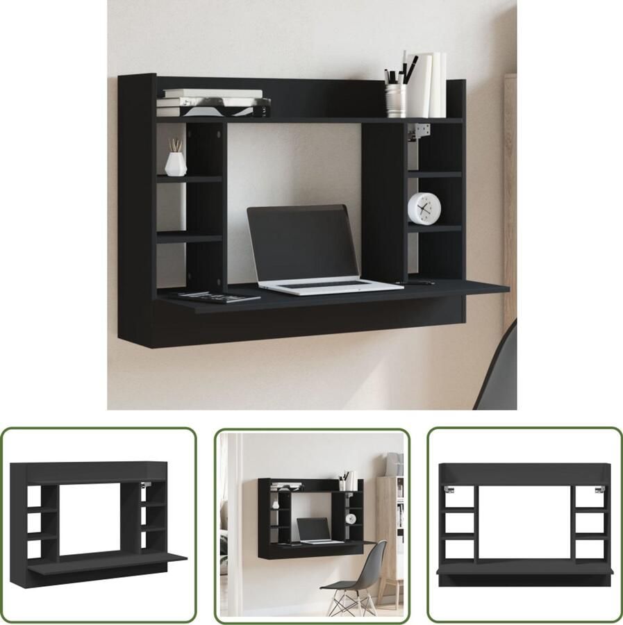 VidaXL Wandbureau 105x48x75 cm bewerkt hout zwart Wandbureau Bureau Houten Bureau Zwart Bureau Compact Bureau