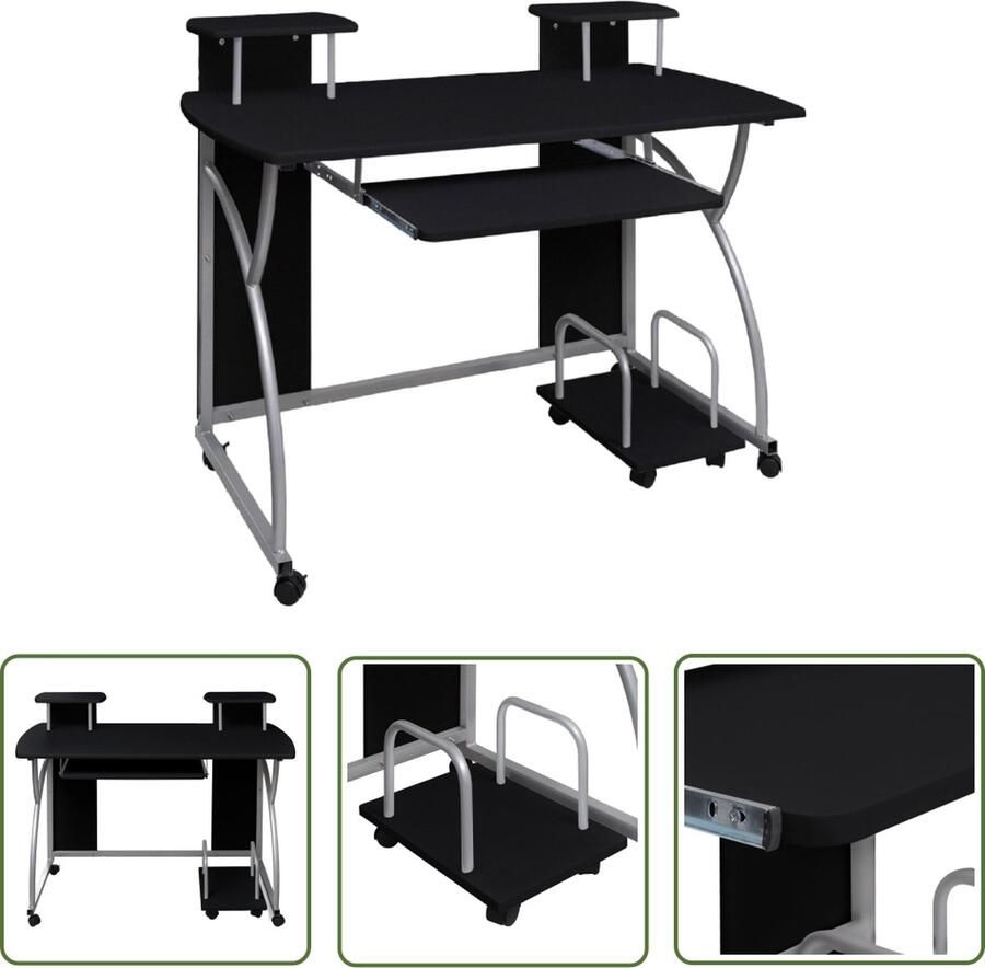 The Living Store Computerbureau Zwart 110 x 52 x 88.5 cm Uitschuifbare toetsenbordlade Computerbureau Bureau Zwart Werkstation Home Office Laptop Bureau - Foto 2