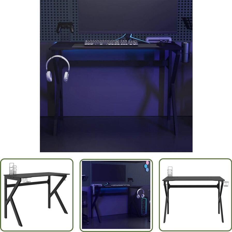 The Living Store Gamingbureau met K-vormige poten 110x60x75 cm zwart Gaming Bureau Zwart Ergonomisch Bureau Kantoorspullen Spelcomputer Tafel - Foto 3