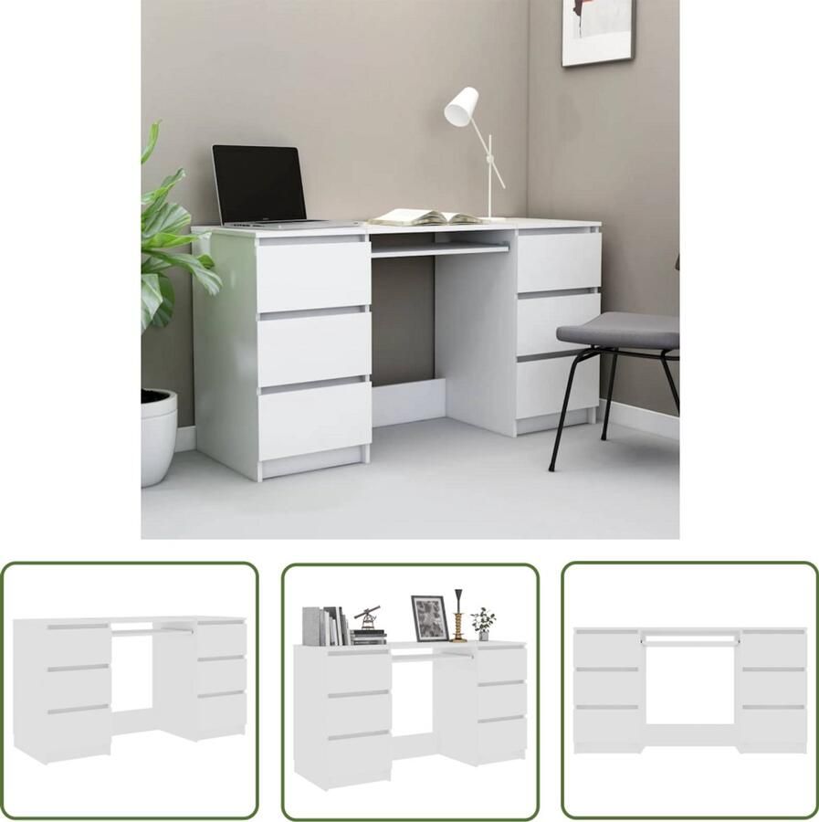 The Living Store Schrijftafel Computerbureau 140 x 50 x 77 cm wit bewerkt hout 6 lades Schreibtafel Bureaublad Computerbureau Home Office Houten Bureau - Foto 2
