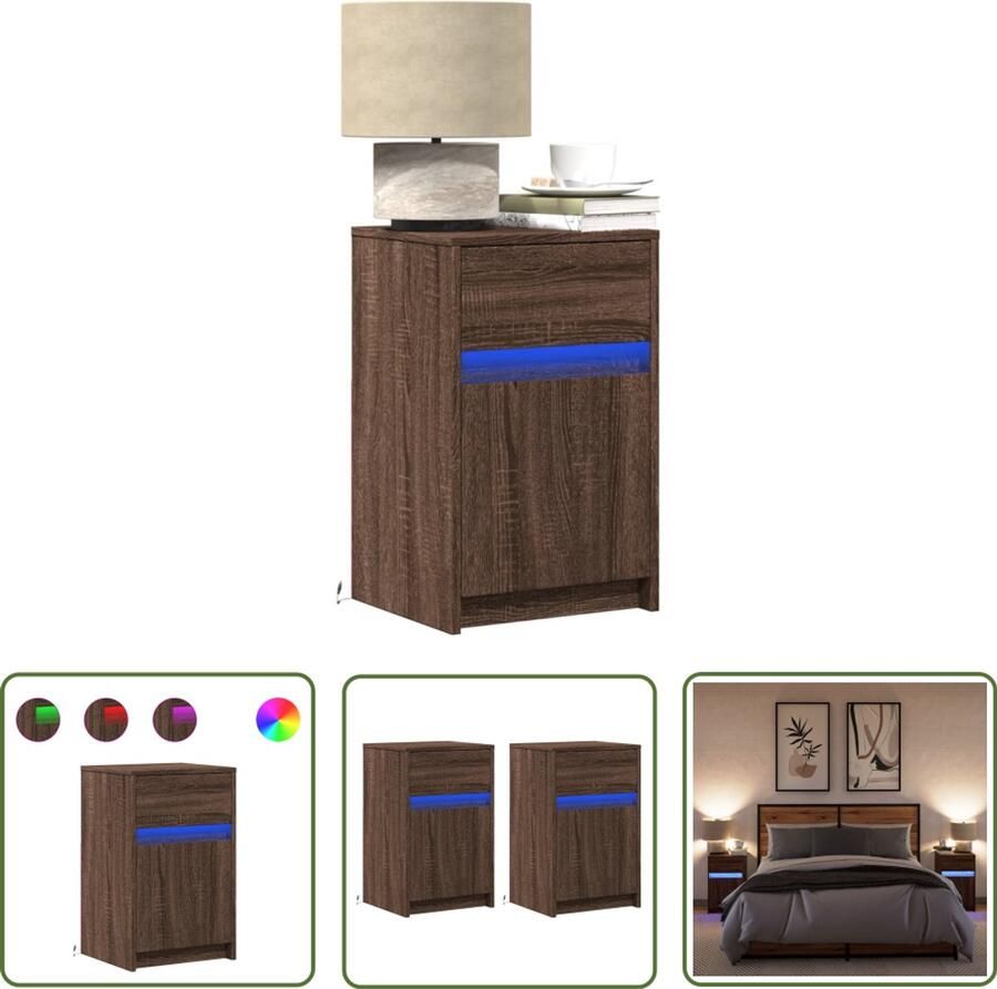VidaXL Nachtkastjes met LED 2 st bewerkt hout bruin eikenkleur Nachtkastjes Bureaulamp Led Lamp Houten Meubel Slaapkamer Decoratie
