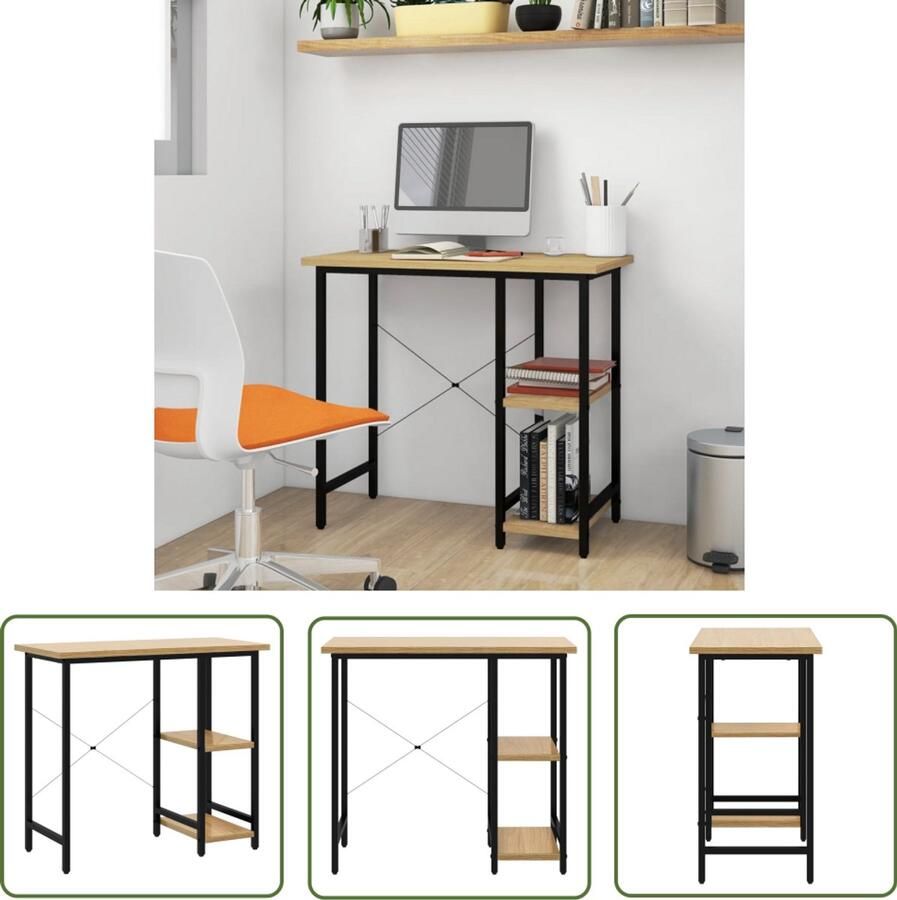 The Living Store Computerbureau 80x40x72 cm MDF metaal zwart lichteikenkleurig Computerbureau Bureaus Houten Bureau Modern Bureau Compact Bureau