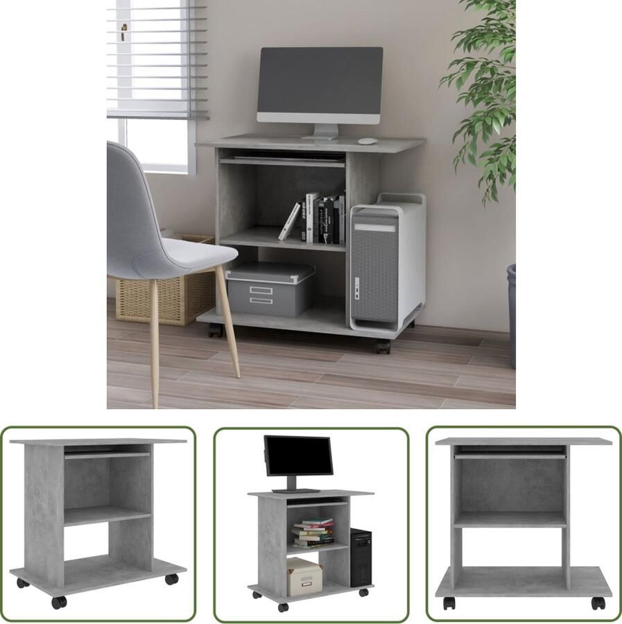 The Living Store Computertafel Betongrijs 80x50x75 cm Compact ontwerp met uittrekbaar toetsenbordgedeelte Duurzaam spaanplaat Met wieltjes Eenvoudige montage Wandmontage vereist - Foto 2