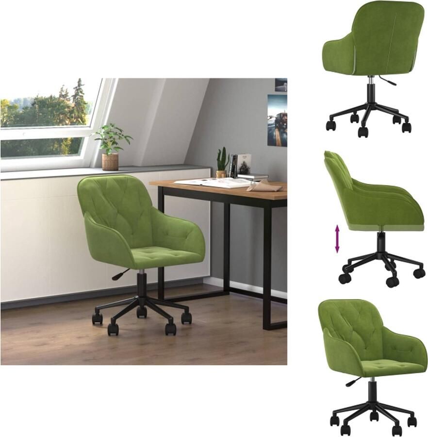 VidaXL Draaibare Kantoorstoel Fluweel Lichtgroen 56 x 61 x (78 86) cm Zwenkwielen Bureaustoel - Foto 2