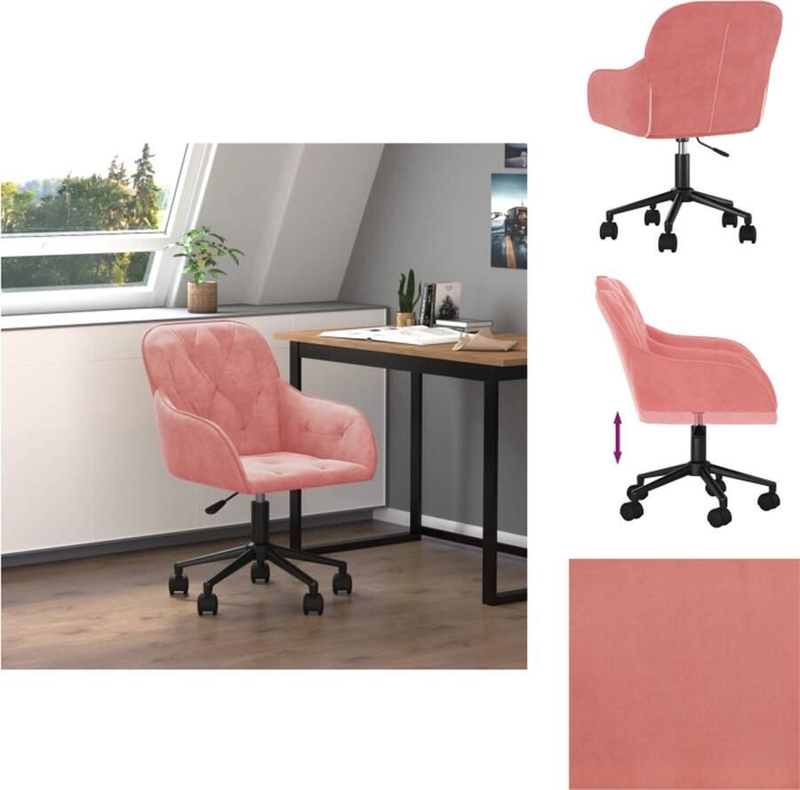 VidaXL Draaibare Kantoorstoel Fluweel Roze 56 x 61.5 x (72 80) cm 360 graden draaibaar Montage vereist Bureaustoel