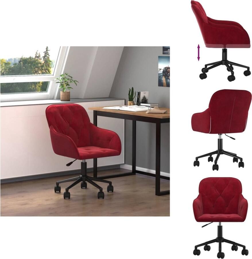 VidaXL Draaibare Kantoorstoel Wijnrood Fluweel 56 x 61 x (78 86) cm Gasveermechanisme Bureaustoel