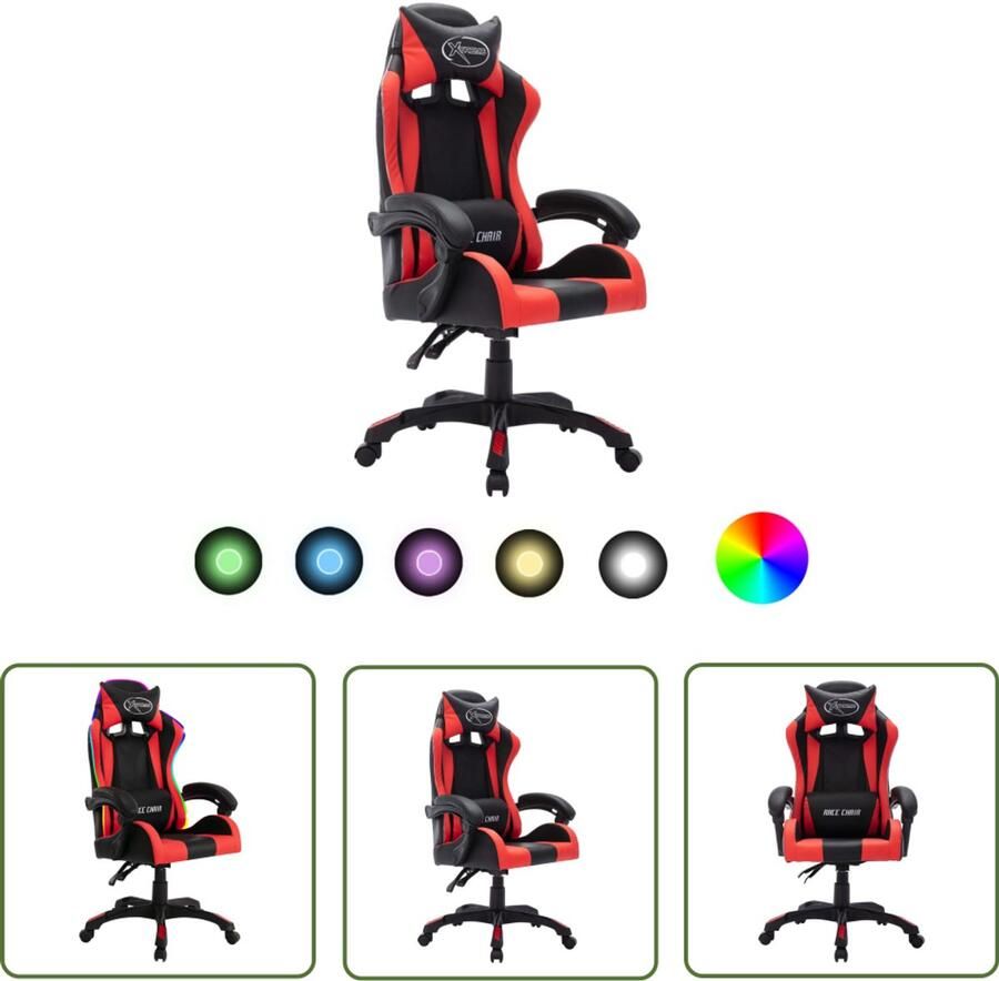 The Living Store Racestoel met RGB LED-verlichting kunstleer rood en zwart Gamestoel Bureaustoel Gamingstoel Led Verlichting Ergonomische Stoel
