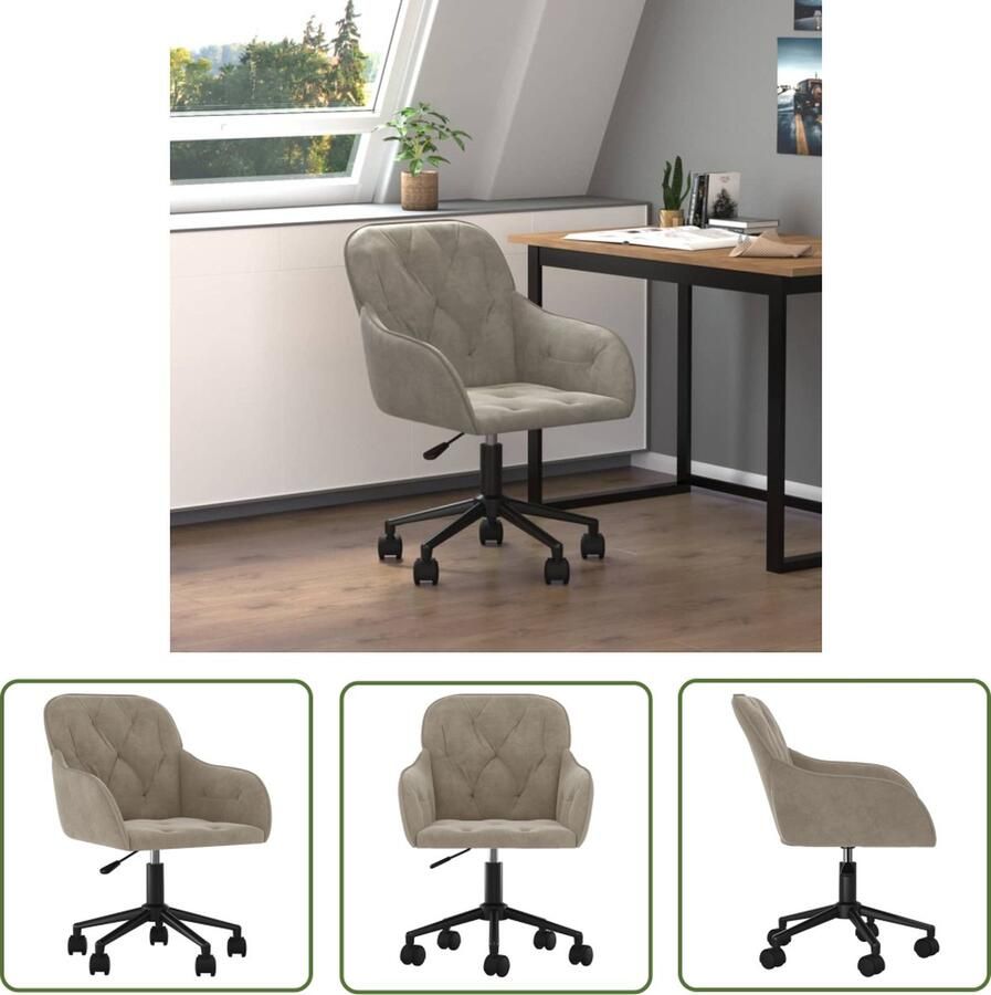 The Living Store Draaibare Kantoorstoel Fluweel Lichtgrijs 56x61x78-86cm 360 graden draaibaar Kantoorstoel Bureaustoel Draaibare Stoel Fluweel Stoel Grijze Stoel - Foto 2