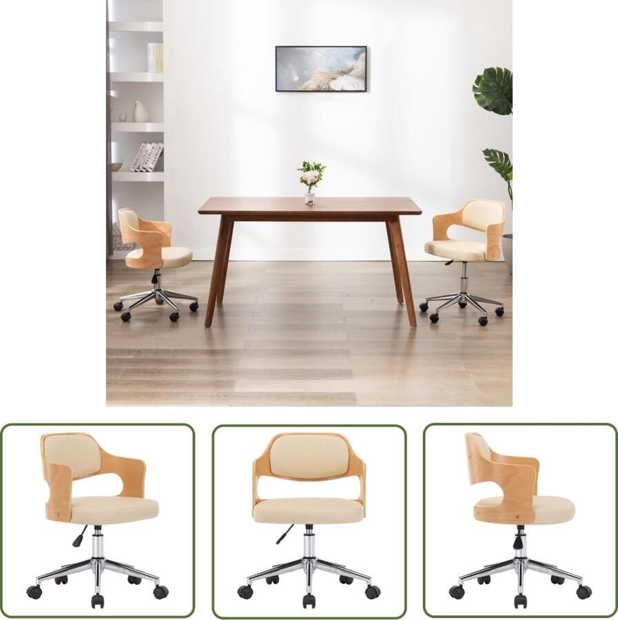 The Living Store Kantoorstoel draaibaar gebogen hout en kunstleer crème Kantoorstoel Bureaustoel Ergonomische Stoel Comfortabele Stoel Crème Kleur - Foto 2