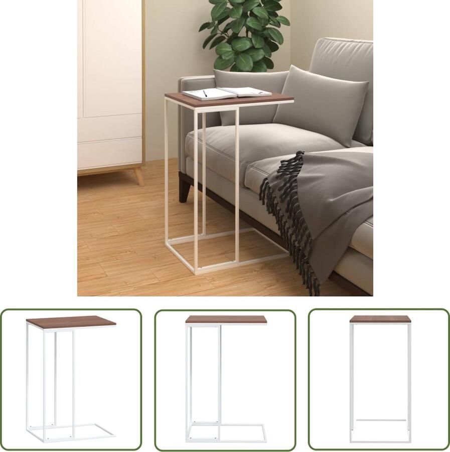 The Living Store Bijzettafel C-vormig 40x30x59 cm wit bruin Hout IJzer Bijzettafel C Vormig Houten Bijzet Tafeltje Salontafel Kleine Tafel - Foto 2