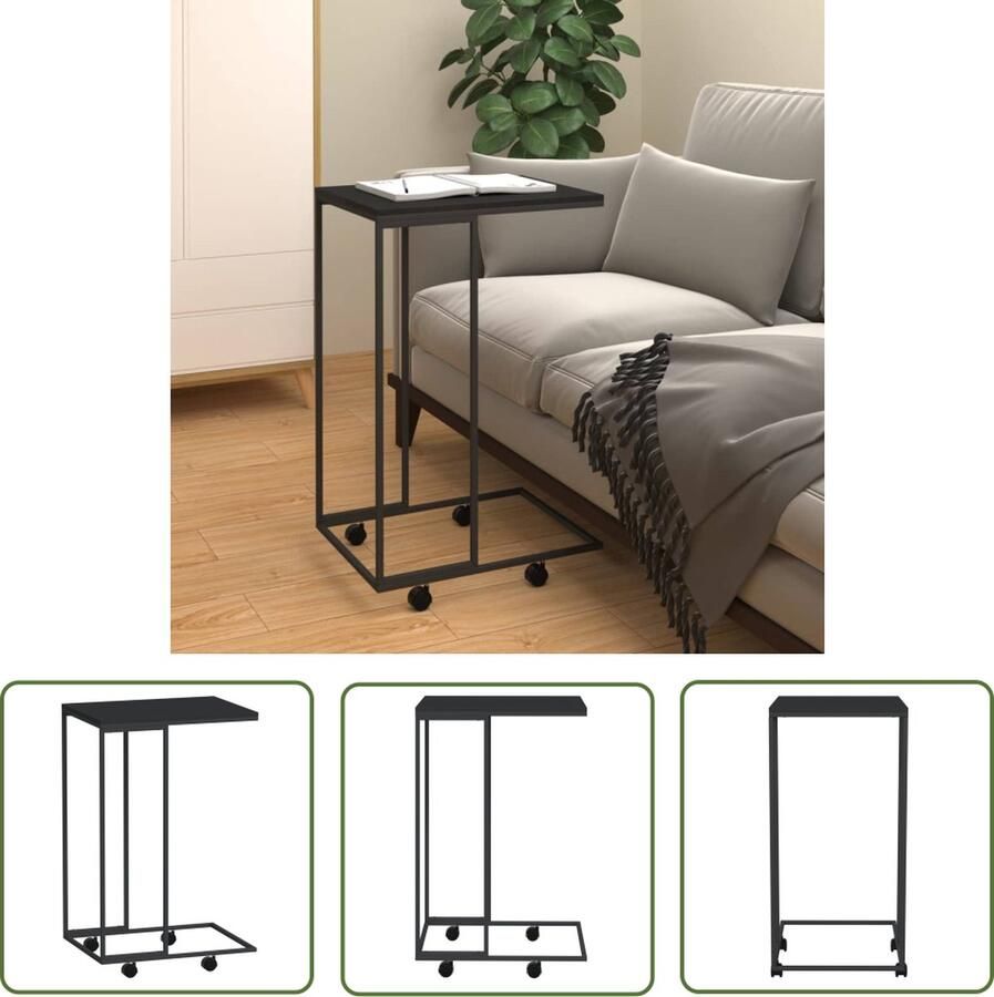 The Living Store Bijzettafel met wieltjes 40x30x63 5 bewerkt hout zwart Bijzettafel C-vormig Zwarte Bijzettafel Salontafel Houten Bijzettafel - Foto 2
