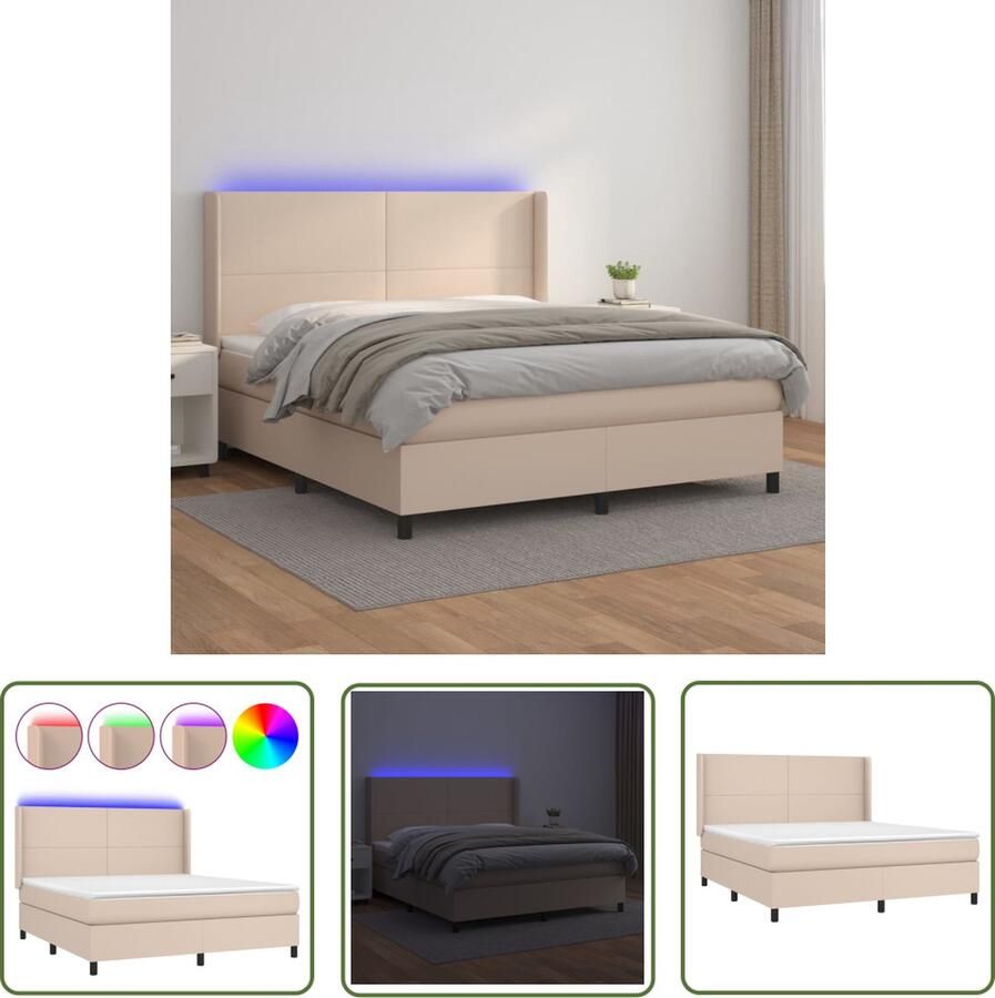 The Living Store Boxspring Bed Kunstleer 203x183x118 128 cm LED Pocketvering Huidvriendelijk Boxspring Bed Leder Look Led Verlichting Pocketed Spring Mattress King Size Bed
