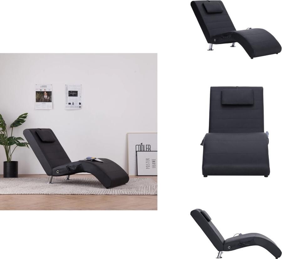 VidaXL Chaise Longue Chaise Longues Ligstoel Ligstoelen Massage chaise longue met kussen kunstleer zwart - Foto 2