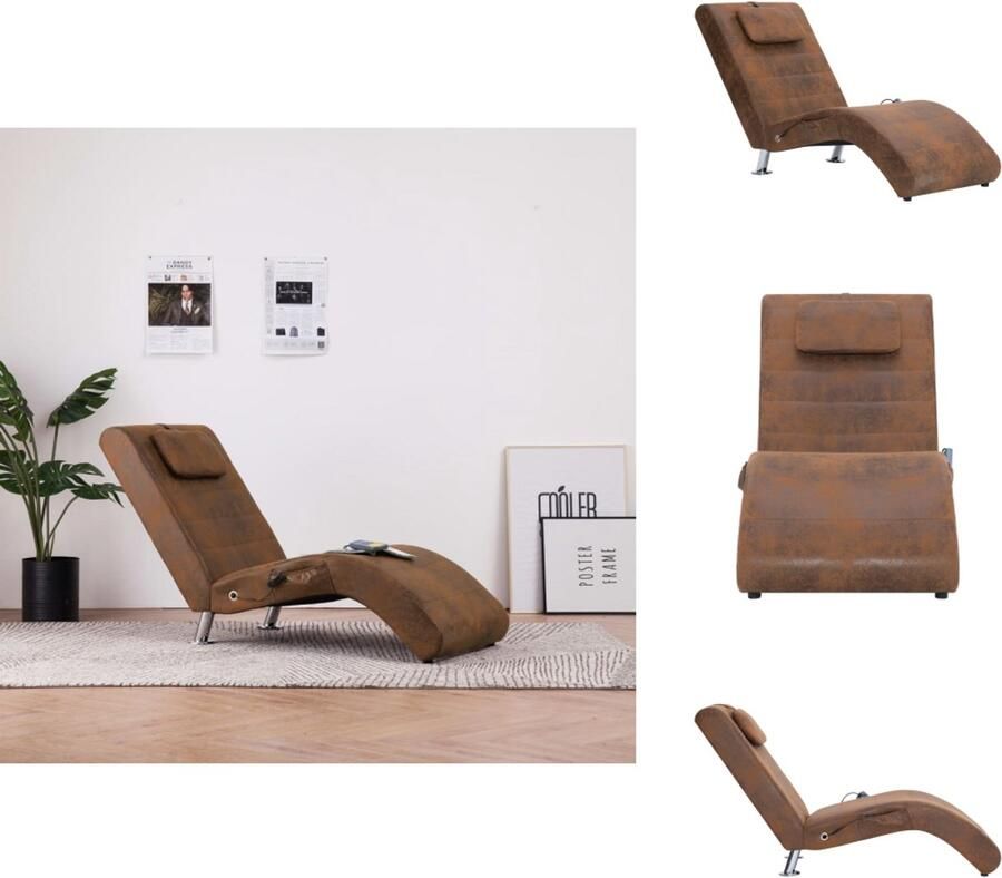 VidaXL Chaise Longue Chaise Longues Ligstoel Ligstoelen Massage chaise longue met kussen kunstsuède bruin - Foto 2