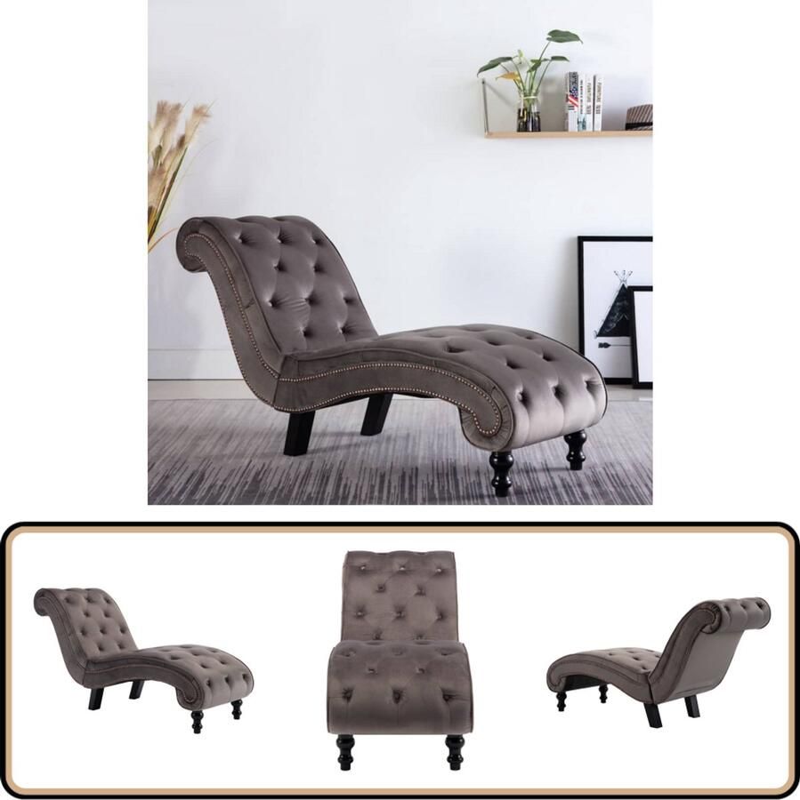 The Living Store Chaise Longue Lounger van Zacht Fluweel Scroll-ontwerp Grijs 145 x 52 x 77 cm Draagvermogen 110 kg Chaise Lounge Loungestoel Fluweel Stoffen Meubels Design Fauteuil Relaxstoel - Foto 2