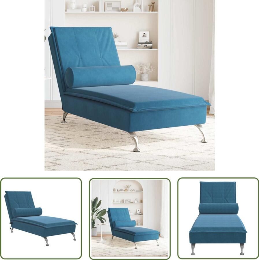 The Living Store Massage chaise longue met bolster fluweel blauw Massage Stoel Chaise Longue Relaxstoel Loungestoel Fluweel Fauteuil