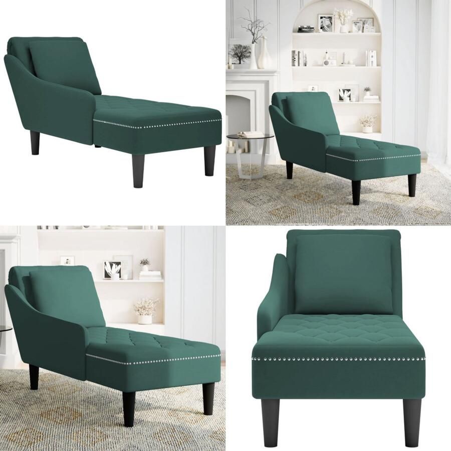 VidaXL Chaise longue met kussen&rechterarmleuning fluweel donkergroen Chaise Longue Chaise Longues Chaise Lounge Stoel Chaise Lounge Bank Stoel